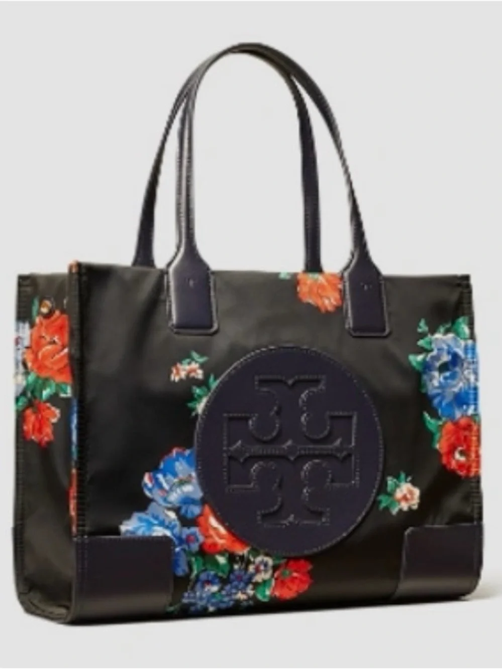 Tory Burch Black Tote with Red & Blue Floral Print